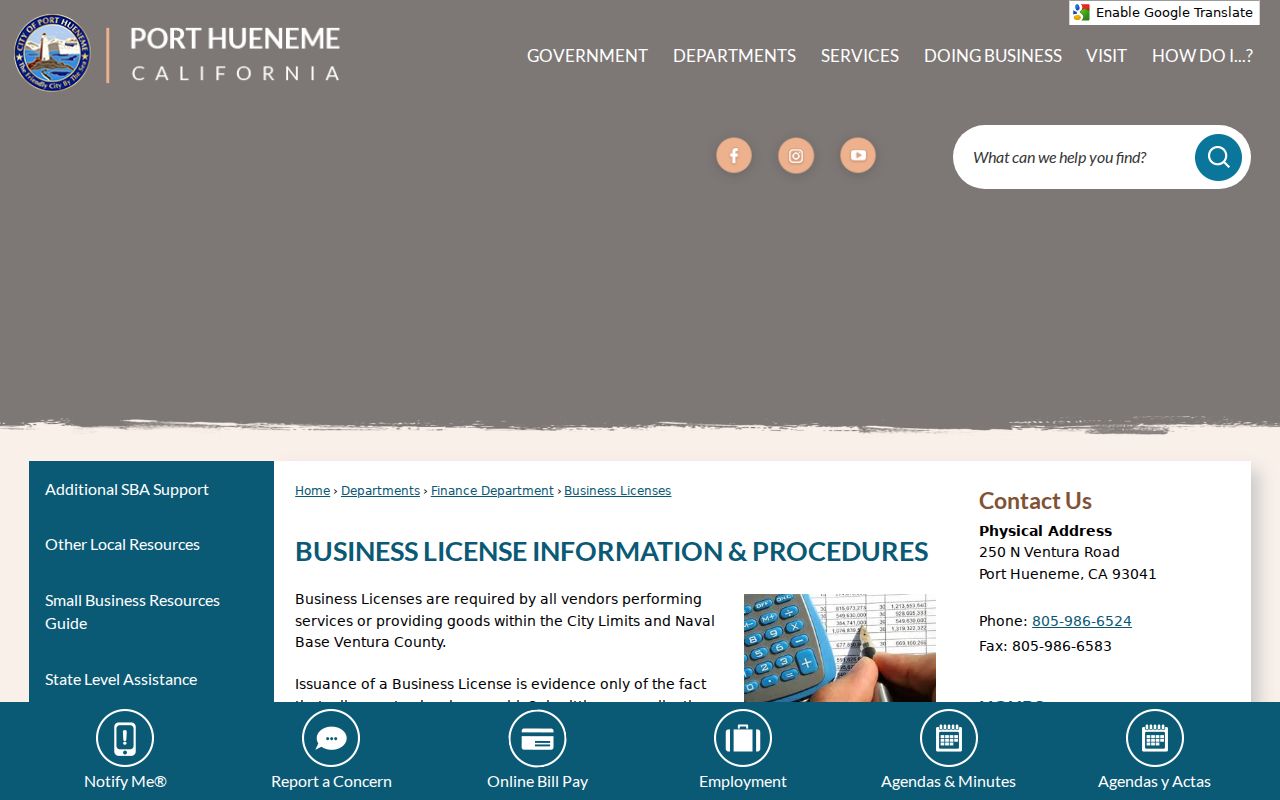 Port Hueneme people search city business license page