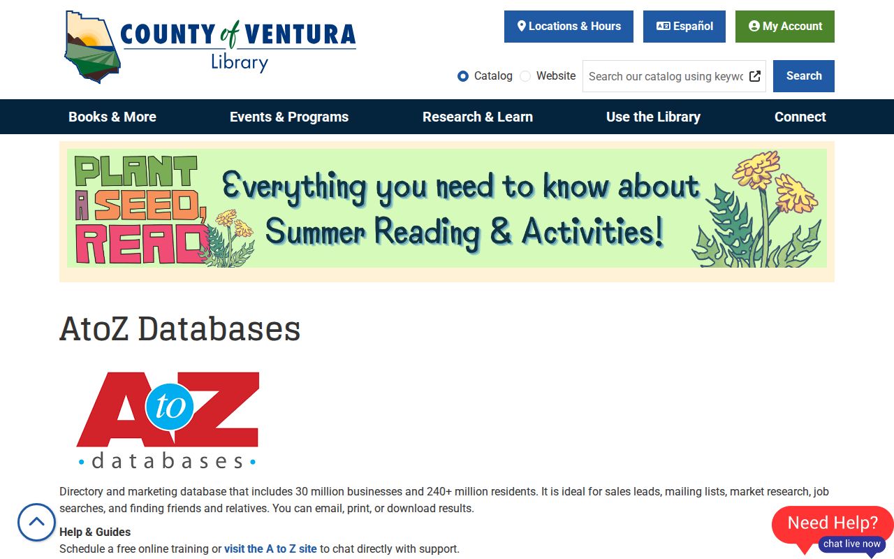 Port Hueneme directory screenshot of the library AtoZ resource