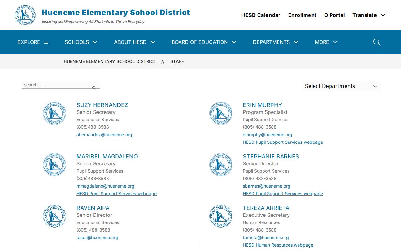 Port Hueneme directory screenshot of Hueneme school district staff search