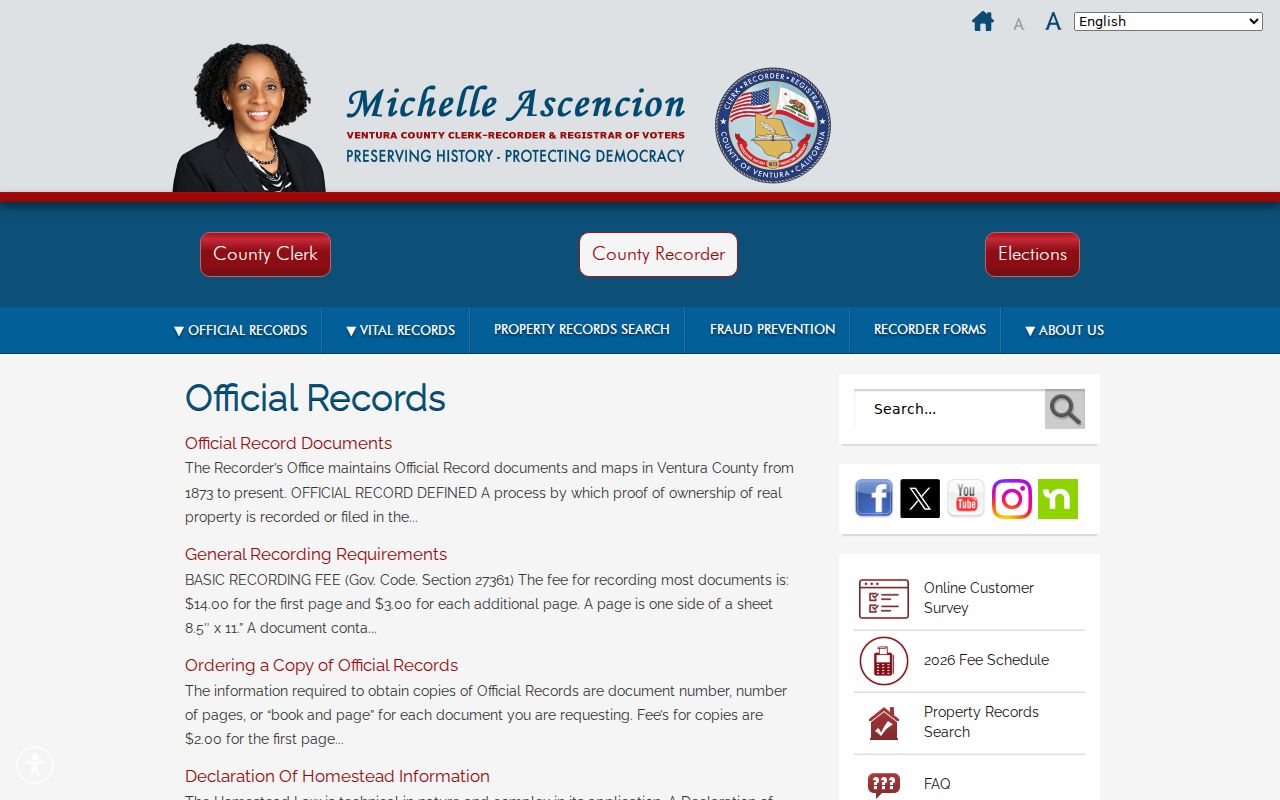 Port Hueneme records options on the Ventura County official records page