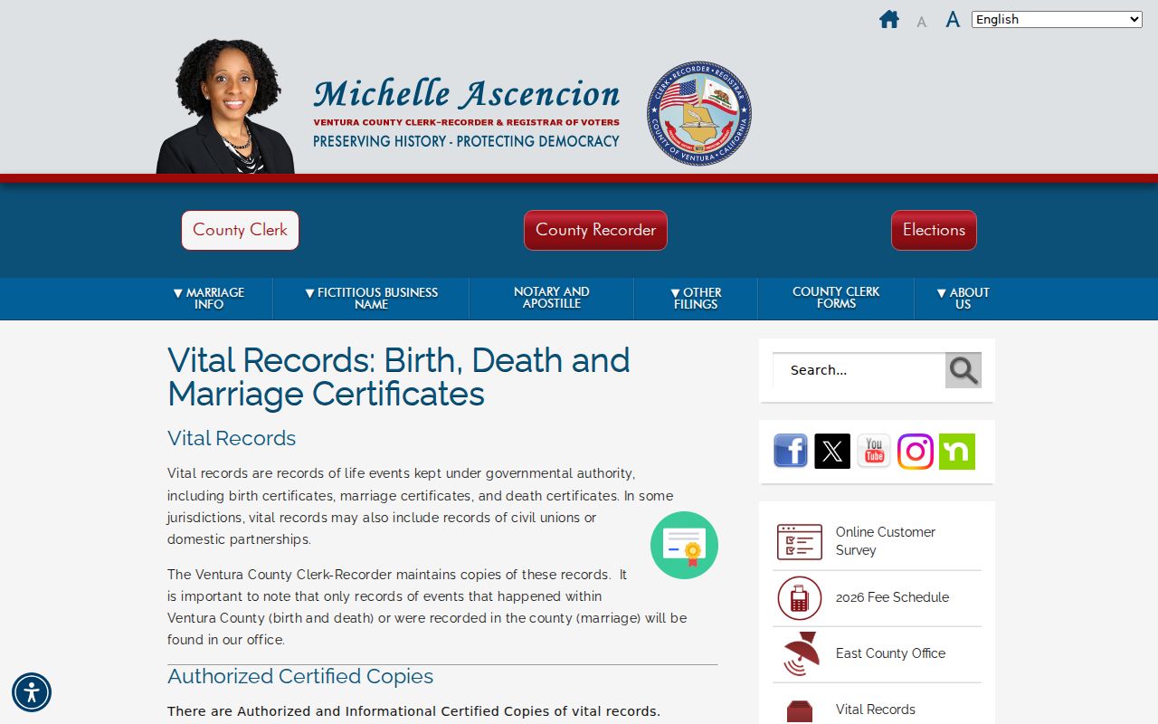 Port Hueneme certificate options on the Ventura County vital records page