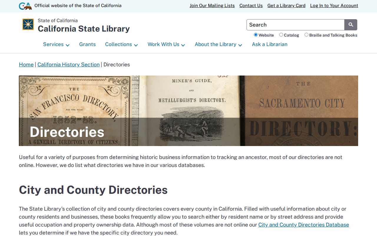 Port Hueneme directory screenshot of California historical holdings