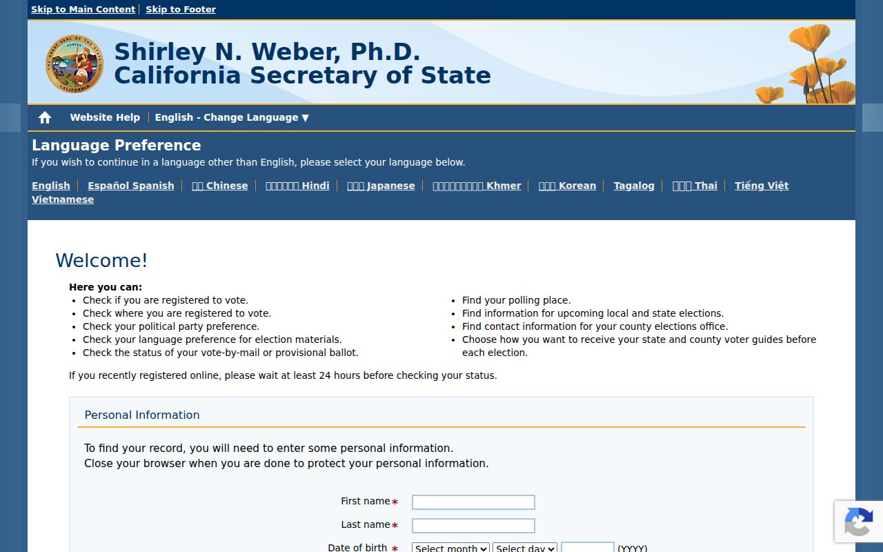 Port Hueneme voter registration lookup on California My Voter Status